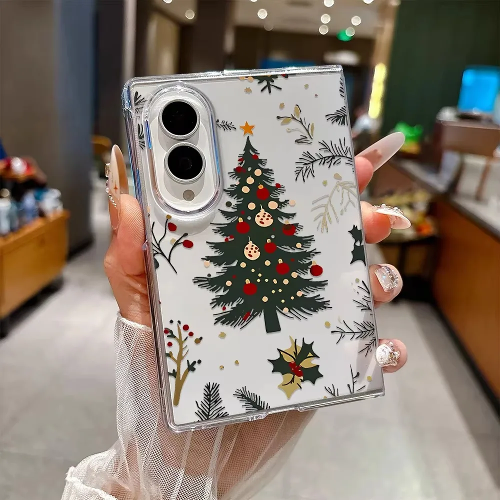 Christmas Tree Phone Case For Samsung Galaxy Z Fold 8 7 6 5 4 3 2 5G Winter Holly Berry Pine Branch Print Hard Shockproof Cover