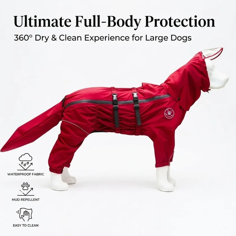 

Водонепроницаемый комбинезон-дождевик для собак с отстегивающимся капюшоном, полная защита лап, для крупных собак, светоотражающий, регулируемый