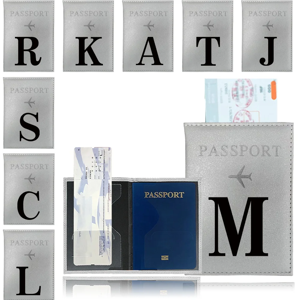 

PU Passport Holder Silver Color Ticket Passport Covers Print Black Letter Series ID Credit Card Holder Cover Travel Accessories