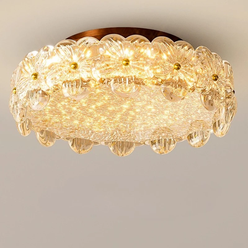 

French Medieval Rotundity Flower Ceiling Lights Gold Foil Resin Lampshade Living Room Restaurant Study Bedroom Top Hanging Lamps