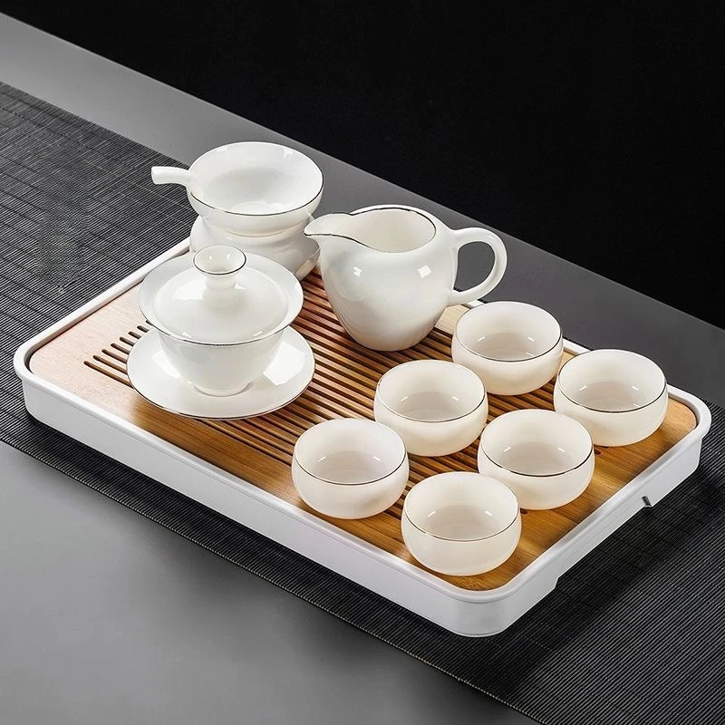Kung fu tea set the whole kettle set of blue and white porcelain ceramic teapot solid wood tea tray tea ceremony