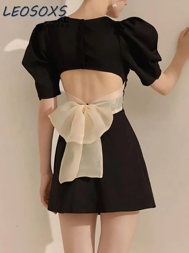 

Women Clothing Sweet Puff Sleeve Dresses Female 2023 Summer New Minority Hepburn Fitted Waist Backless Black Dress Mini Dress