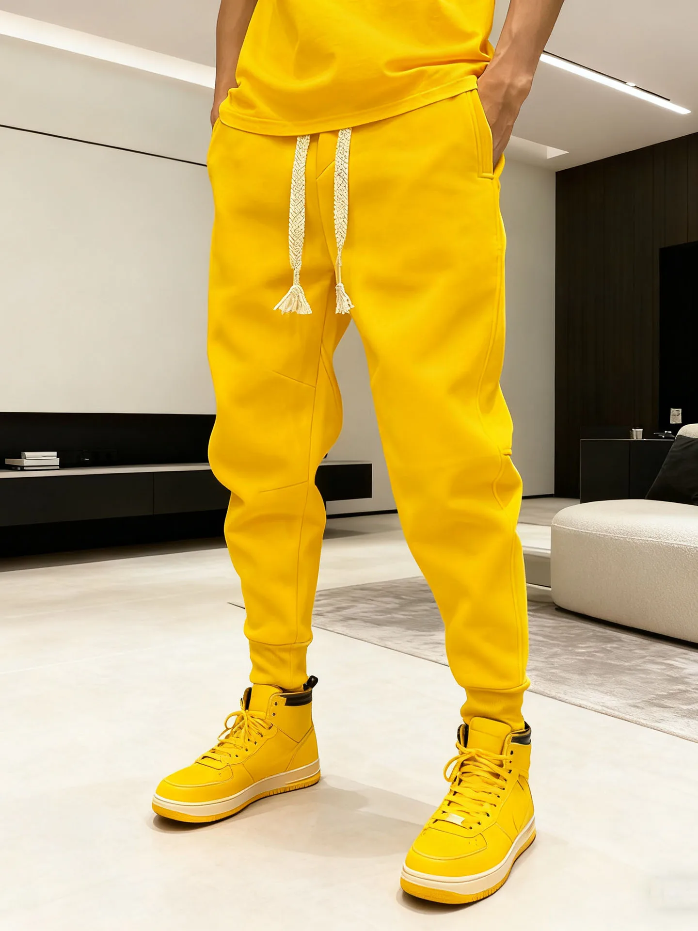 

Желтые мужские повседневные брюки свободного кроя для весны и осени, модные, трендовые, с манжетами, для отдыха и занятий спортом, в наличии