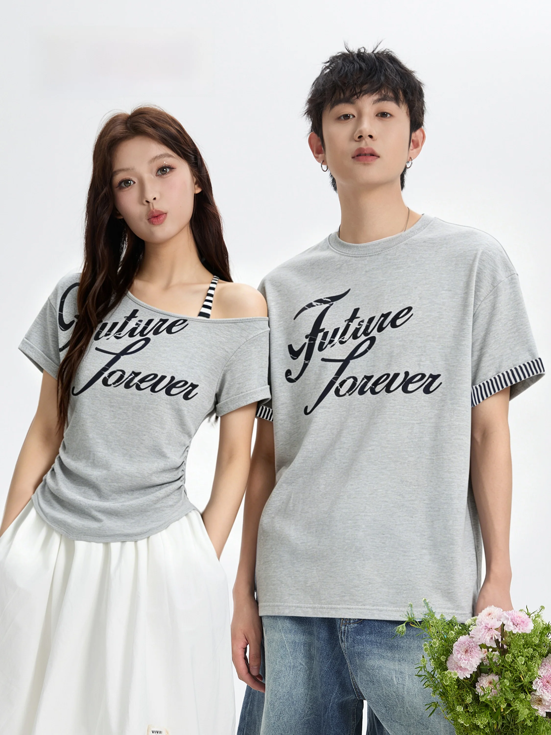

Couple's Short Sleeve T-shirts Shoulder Drop Style Slimming Patchwork Top for Men And Women Comfortable Cotton Casual Wear
