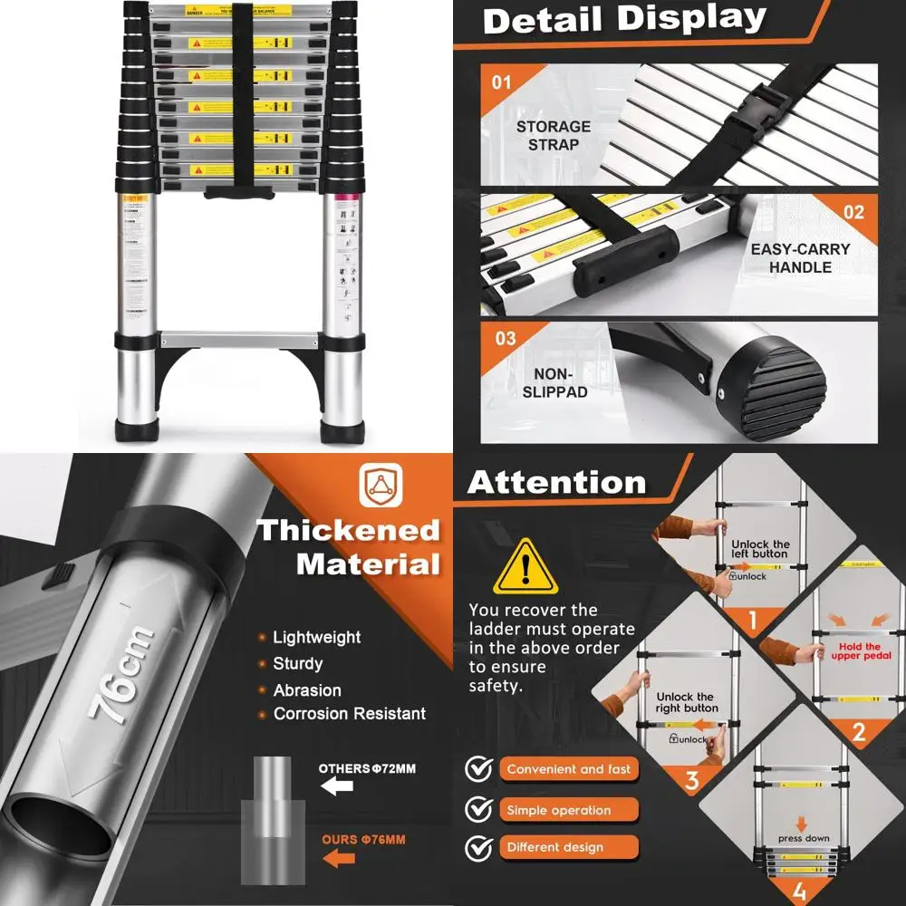 Escalera de extensión liviana de aluminio de 12,5 pies con 2 estabilizadores, capacidad resistente de 330 libras, diseño telescópico para seguridad y C