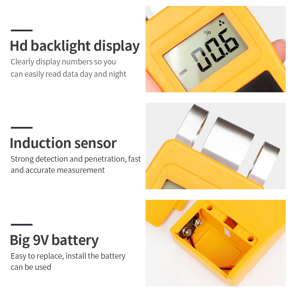 Imagem -05 - Medidor de Umidade de Madeira Digital Água de Carne Tester Conteúdo Papel de Cartão Higrômetro de Umidade Detector de Concreto Display Lcd Dm200
