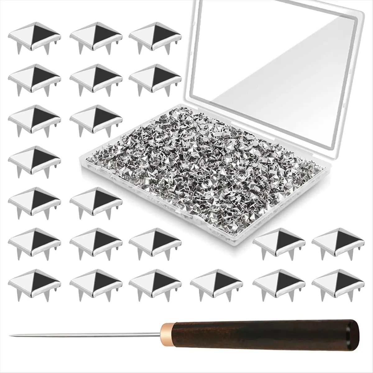 1300PCS 10 mm Silver Pyramid Studs for Clothing, Four-Jaw Square Metal Studs for Crafts,Spike Studs for Leather Crafting