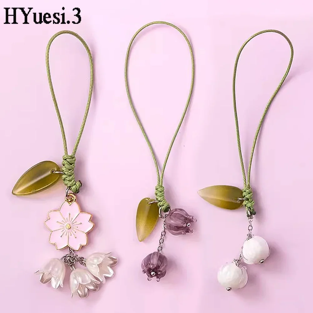 Cute Tulip Pendant Keychain Hand-Woven Waxed Rope Ceramic Flower With Lanyard For Women Girls Earphone Purse Decoration