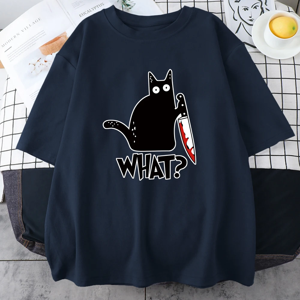 Funny Knife Cat Cartoon Printed T-Shirt Men Street Casual Short Sleeves Loose Oversized Cotton Tshirt Summer Breathable Tees