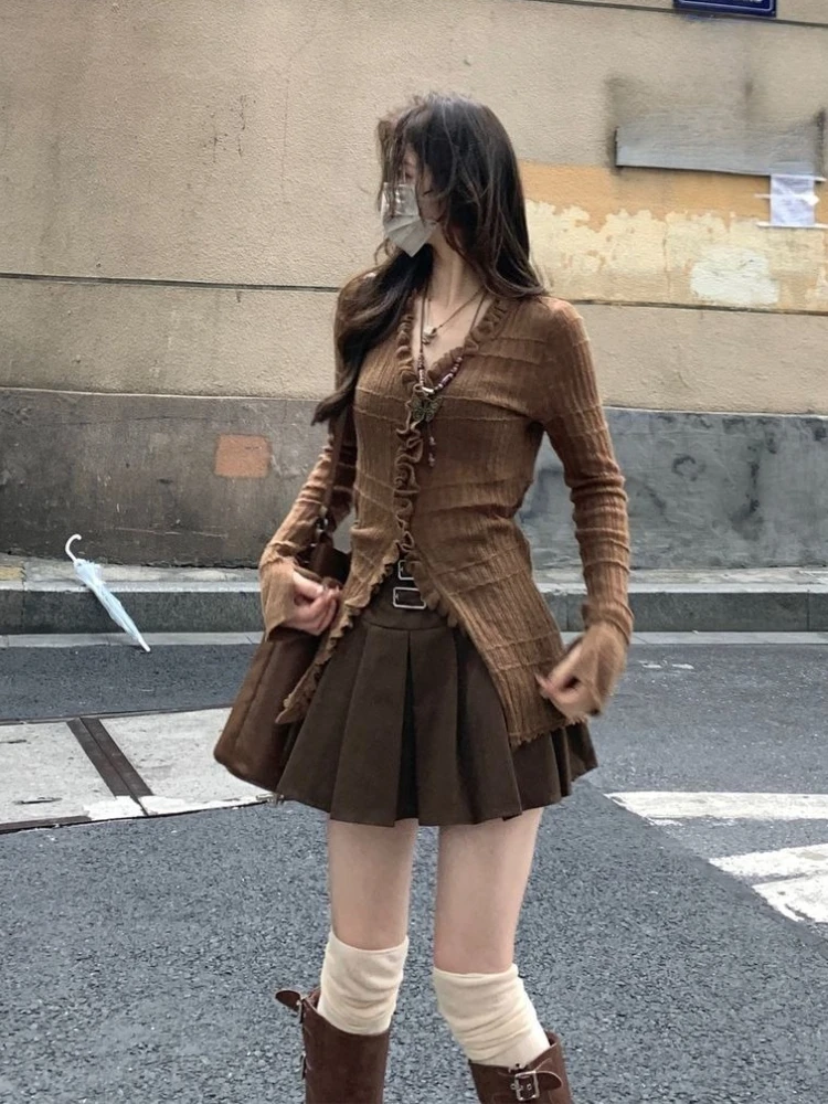 Amerikaanse Stijl Bruin Kant Gebreide 3 Delige Set Vrouwen Herfst Winter Casual High Street Sets Y2k Top + korte Rok Pak 2025 Nieuwe