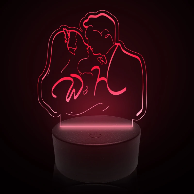 3D Visual LED Night Light, Base preta, Lâmpada de cabeceira, Acrílico Room Decor, Desk Lamps, Decoração para casa, Casamento