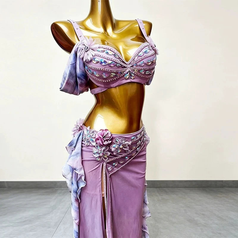 Customized Belly Dance Costumes Performance Costume Female Set Oriental Dance Practice Clothing Bean Paste Powder Bra and Skirt