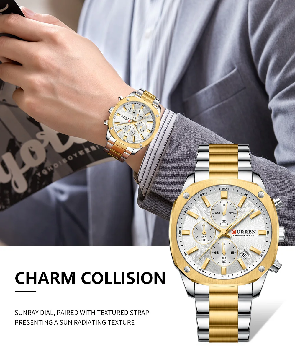 CURREN Business Casual Chronograph Uhr für Herren mit Edelstahlarmband und schwarzem Zifferblatt, leuchtenden Zeigern - Quarzwerk – Detail 3