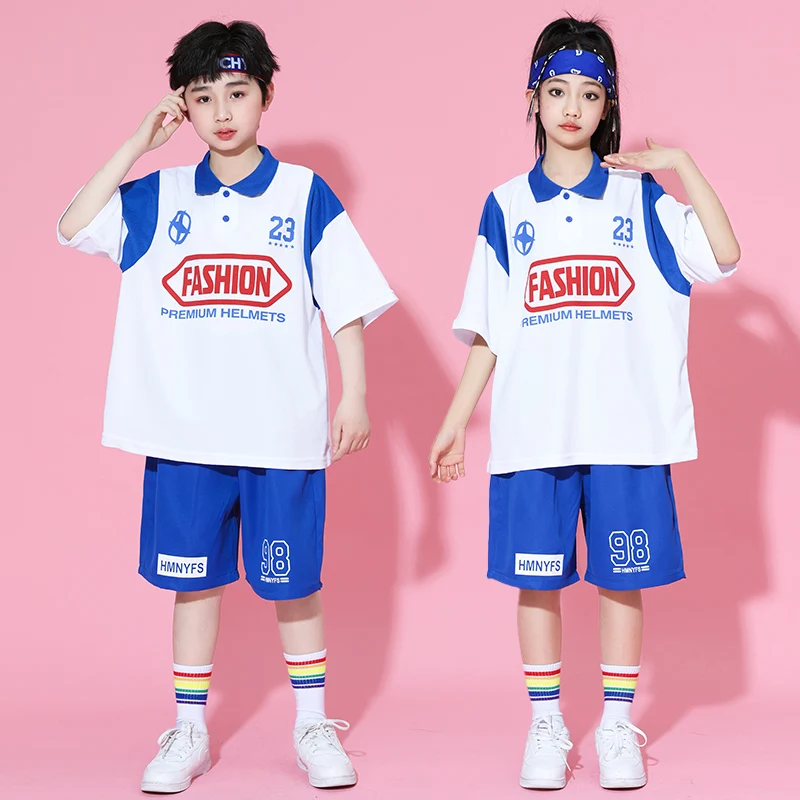 Korea Fashion Design Kids Hiphop Streetwear Outfit Set For Boy Girl Polo Shirt Shorts Hip Hop Clothing Set Child Summer Costume