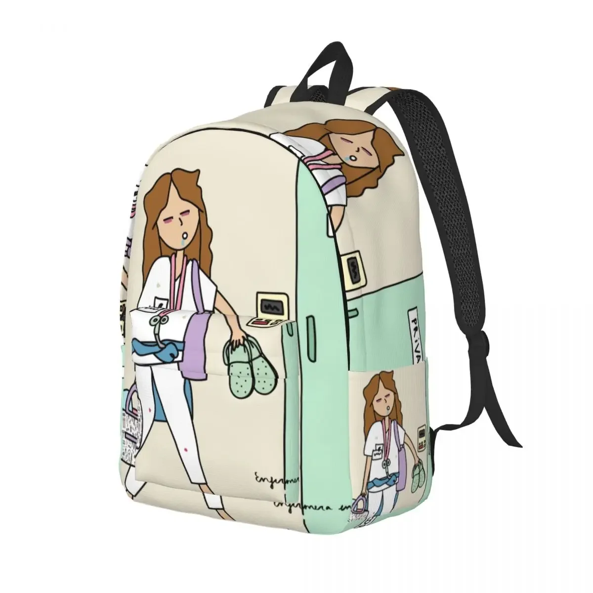 Personalized Cartoon Nurse Enfermera En Apuros Canvas Backpacks Women Basic Bookbag for College School Health Care Nursing Bags