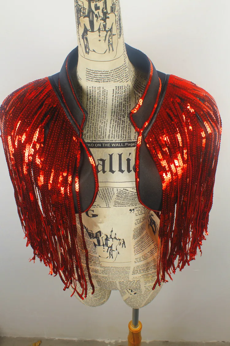 Gold Tassels Sequins Vest Waistcoat DS Costumes Dance Christmas Singer Dancer Stage Performance Bar Party Fringes Armors