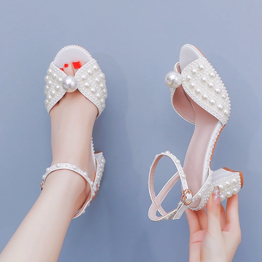 7cm thick heel fish mouth sandals square root thick heel sandals white bride wedding dress pearl wedding shoes