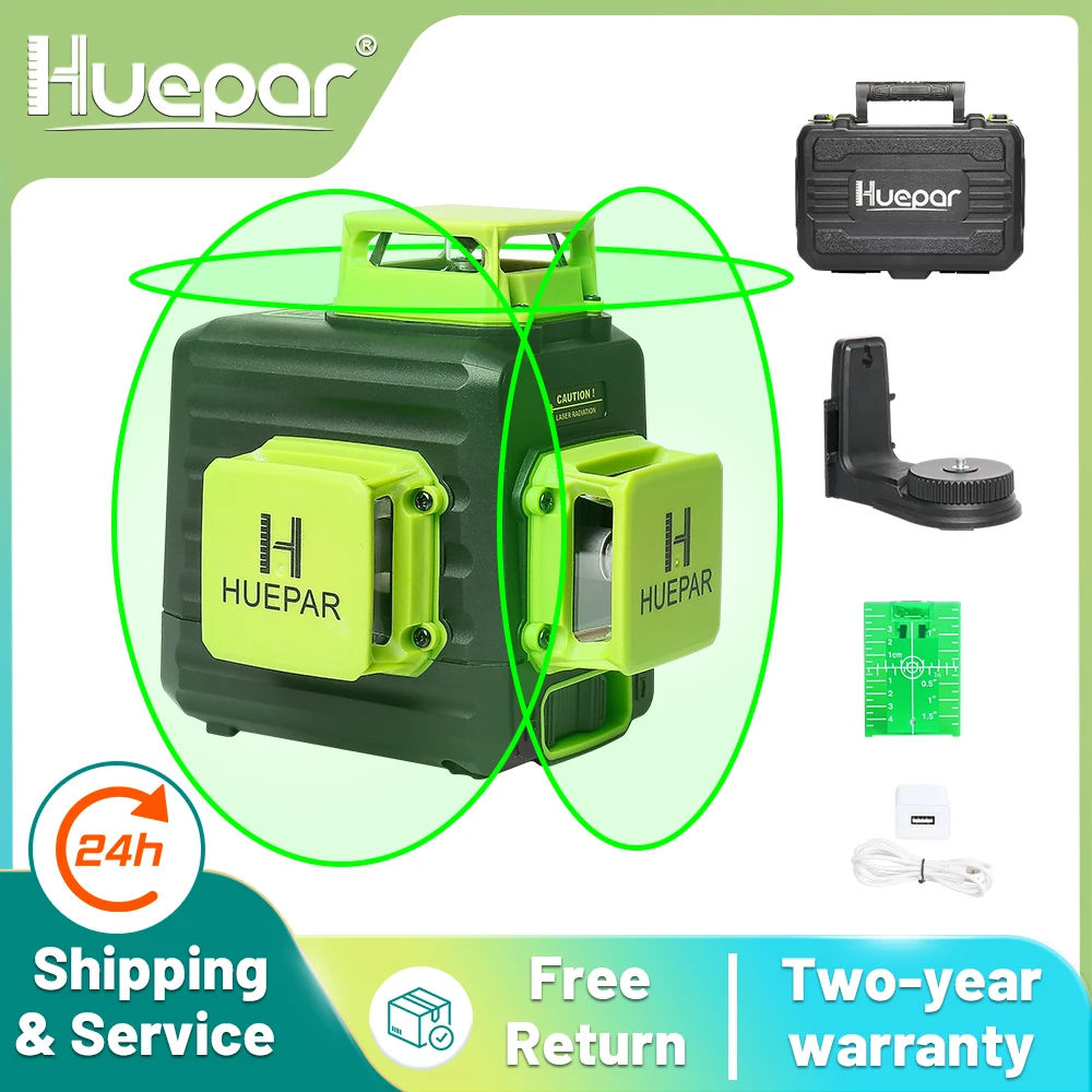 Huepar B03CG 12 Lines Laser Level 3D Self Leveling High Brightness Green Horizontal And Vertical Cross Line Laser With Hard Case