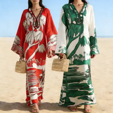 Boho Maxi Kaftan Dress for Women Floral Jacquard Print Loose Summer Beach Cover Up, Elegant Resort Vacation Dress