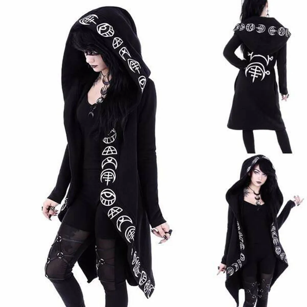 Autumn and Winter Women Long Sleeve Punk Moon Print Hooded Black Cardigan Jacket Coat Plus Size