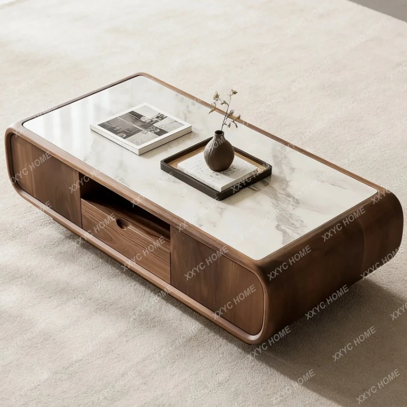 X-S New Chinese rock slab countertop storage light luxury high-end living room solid wood coffee table, can be customized HG