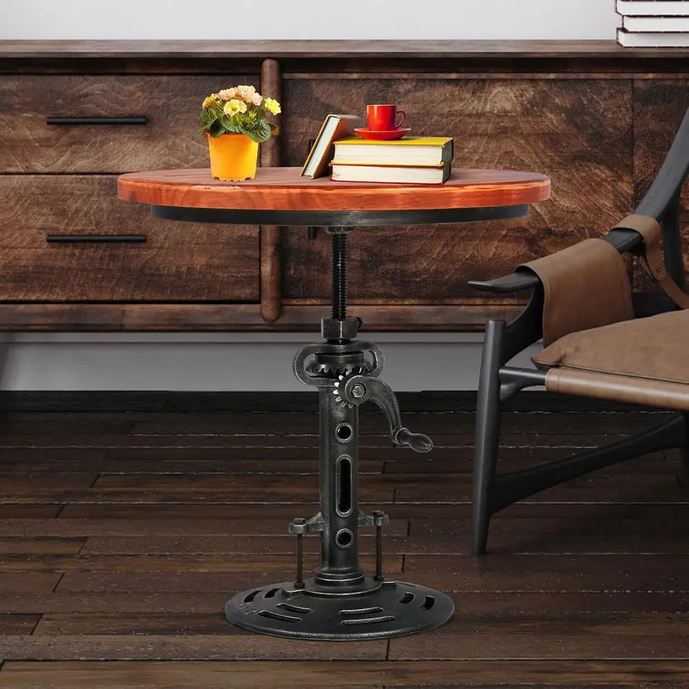 โต๊ะบาร์สไตล์ฟาร์มเฮาส์ปรับความสูงได้ 18-24 นิ้ว พร้อมมือหมุน โต๊ะข้างเล็กสไตล์วินเทจสำหรับห้องนั่งเล่น โต๊ะกลมสไตล์อินดัสเทรียล