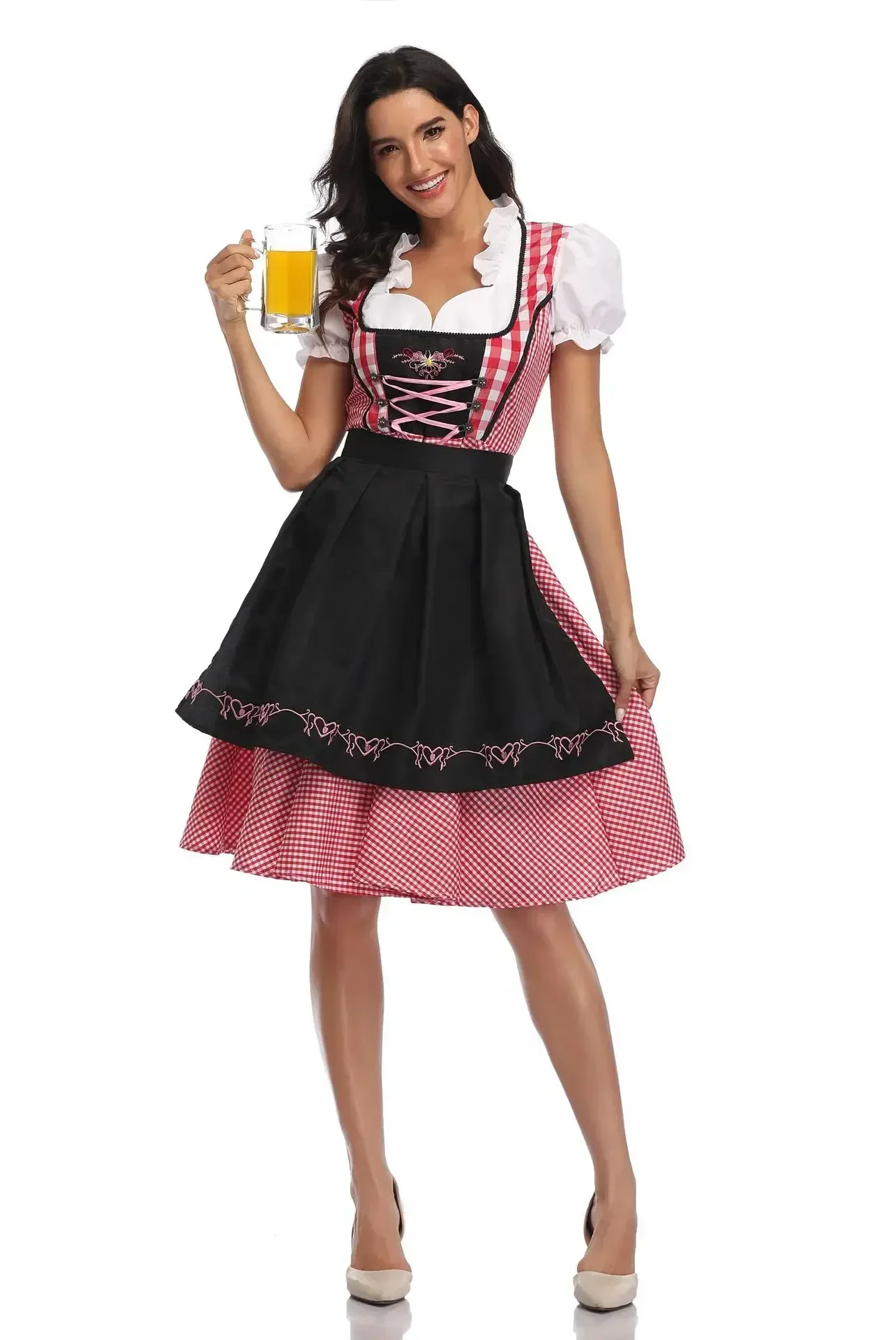 Lady Dirndl Oktoberfest Costume Bavarian National Pink Plaid Clubwear Cosplay Halloween Carnival Fancy Party Dress