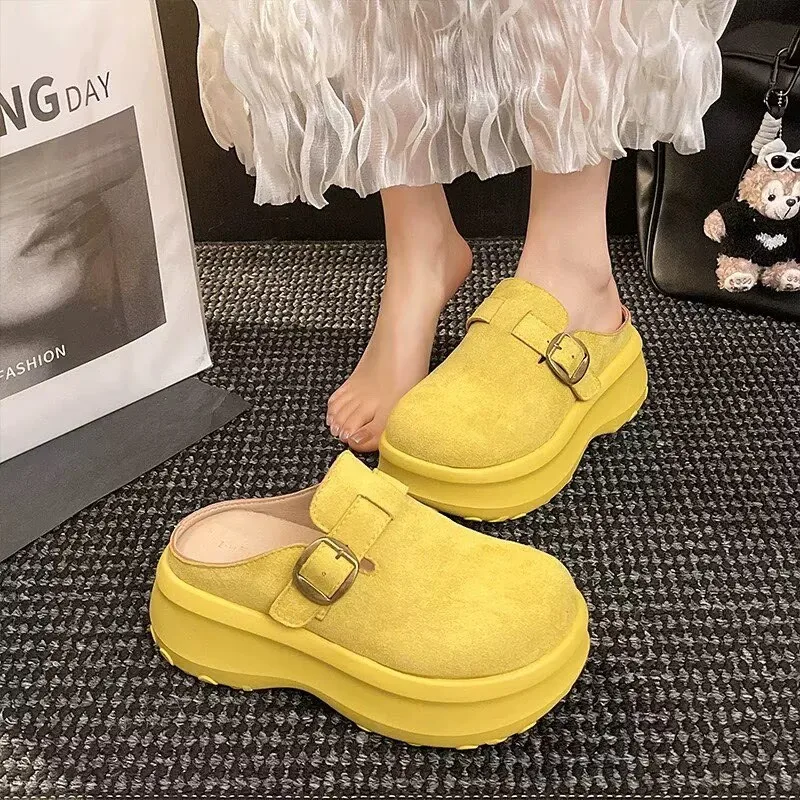 

Women's Yellow Platform Buckle Mule Clogs 2026 Summer Textured Chunky Sole Backless Casual Comfortable Daily Walking Slippers