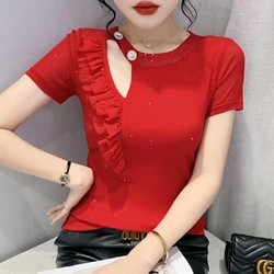 Fashionable Hollow out Mesh T-Shirt Women's Short Sleeve Summer New Style Lace Trim Sexy Slim Fit Versatile Top Korean Style