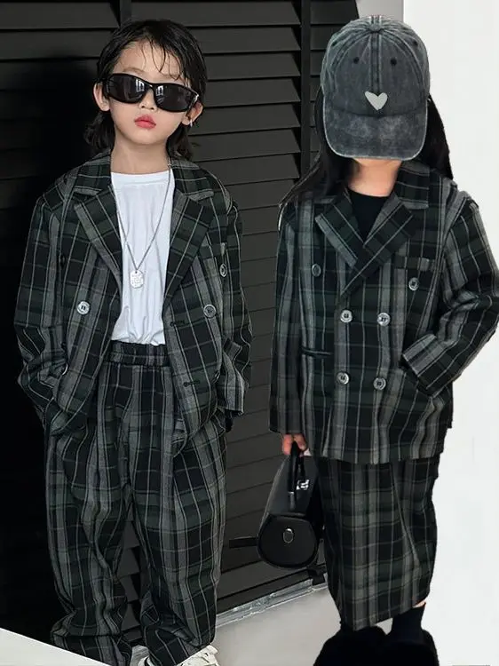 

Boys Girls Twins Party Dress Kids Ceremony Performance Costume Brother And Sister Jacket Pants /Dress 2PCS Photograph Suit