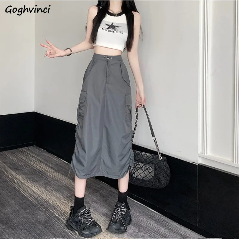 

Midi Skirts for Women Korean Fashion Drawstring American Vintage Hot Girls Baggy Casual Y2k Skirt Back Slit All-match Streetwear