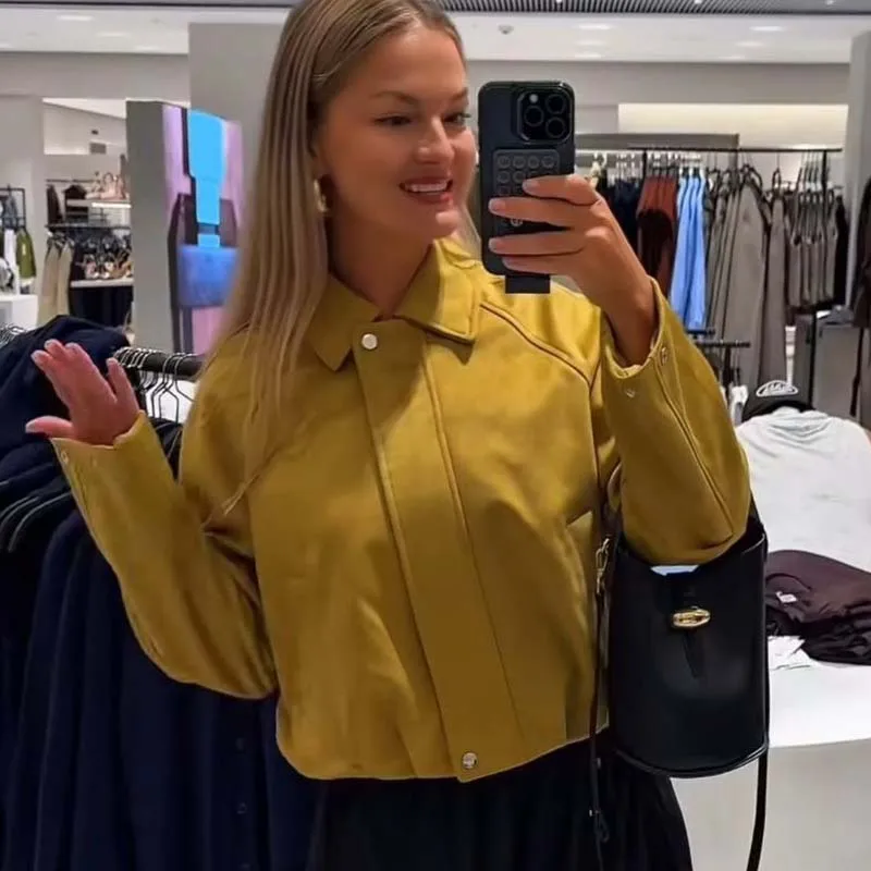 YENKYE 2025 Women Short Faux Suede Jacket Loose Casual Bomber Coat Front Zipper Lapel Long Sleeve Autumn Winter Outerwear