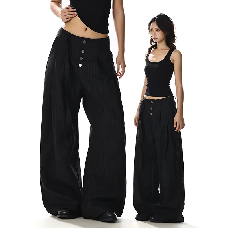 2026 Year Stripe Double Waist Button Kendo Pants Drapey Straight Cleanfit Long Trousers Couple Style Casual Fashion Leisure