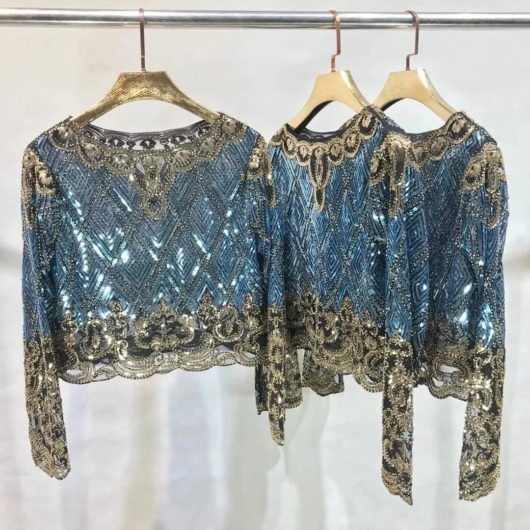 Luxury Party Clothes Women Handwork Short Blouse New Long Sleeve Golden Sequined Shiny Blouses Beading Woman Clothing NS538