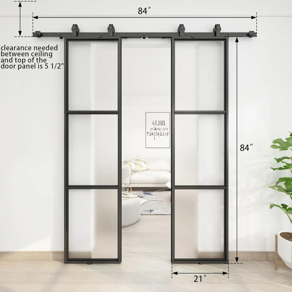 Double Barn Door with Hardware Kit and Soft Close Mechanism Include, 2 Sets of  Frosted Glass with Carbon Steel Frame Barn Door