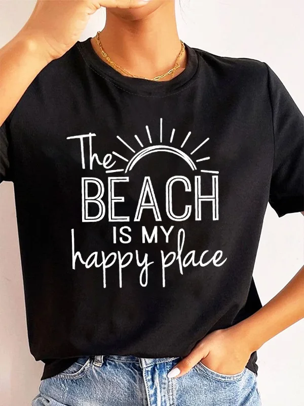 2024 New Popular Summer Trip Causal Female Shirt The Beach Is My Happy Place Slogan Women T-shirt Trend Holiday Party Girl Tee