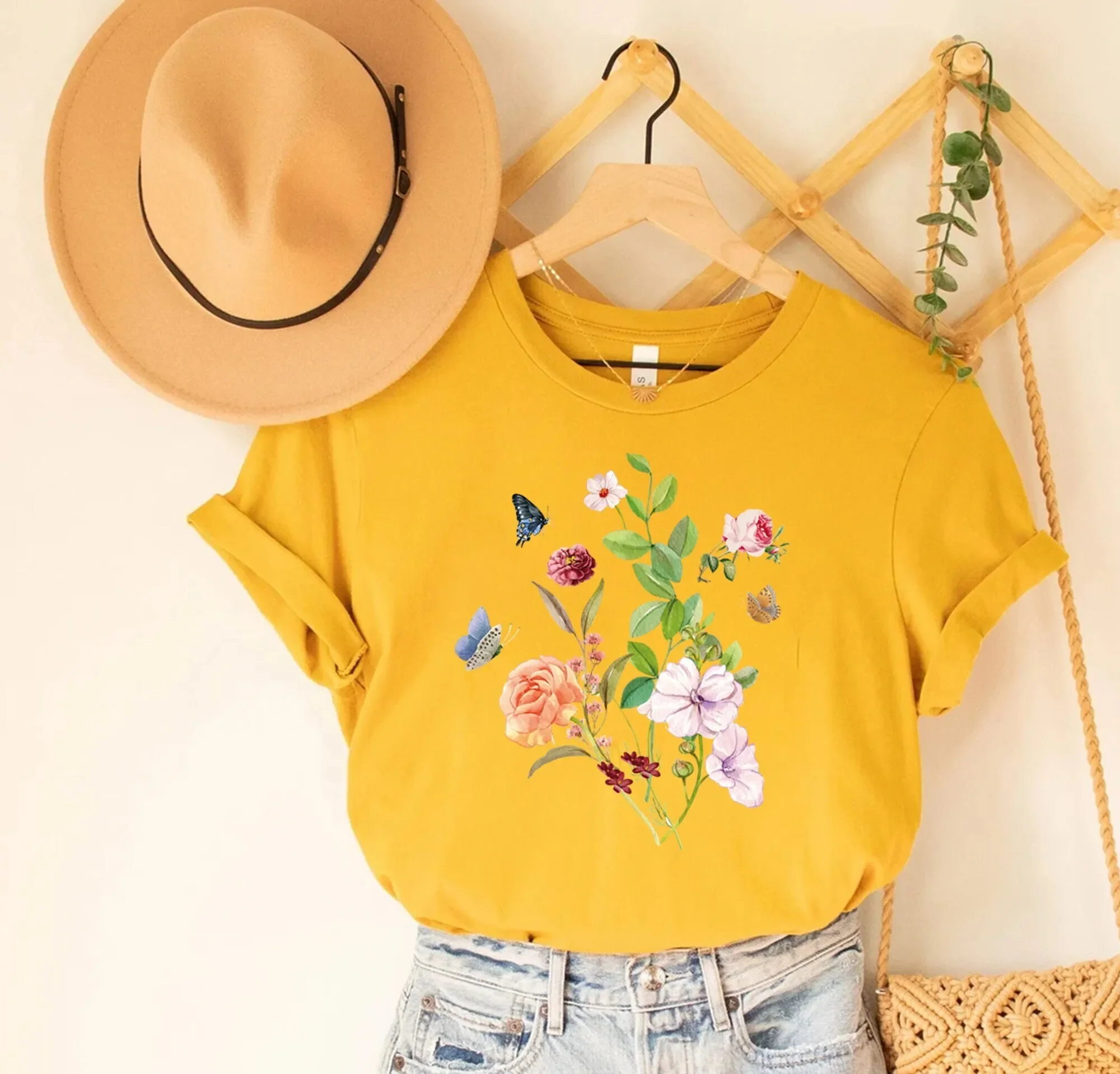 보호 야생화 압화 티셔츠, 코티지코어, 오버사이즈 빈티지, 식물 파스텔, 자연 정원 애호가