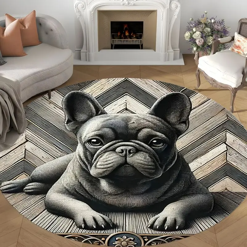 VIKAMA Retro Wood Grain French Bucket Circular Carpet, French Bedroom Light Luxury Floor Mat, Rustic Living Room Rug