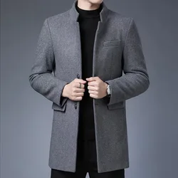 M-4XL Men's Fake Wool Blend Trench Coat Winter Warm Slim Fit Single Breasted Long Top Coat Casual Streetwear Autumn Clothing Man