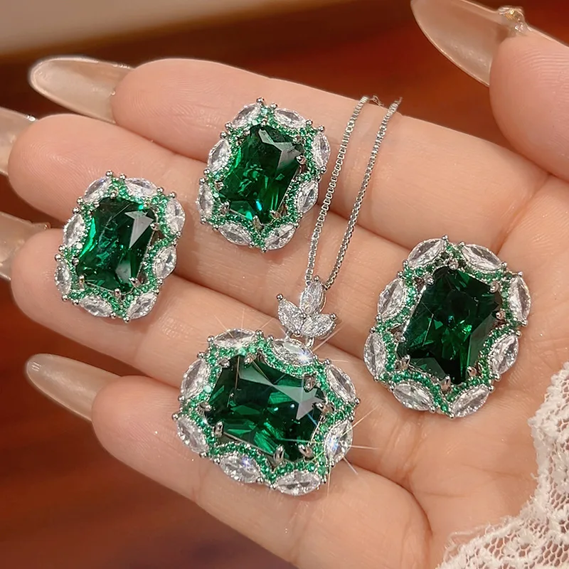 

2025 New Jewelry Set Decorative Necklace Ring Earrings Colorful Gemstone Green Gemstone Elegant Fashion Sense Women's Wholesale