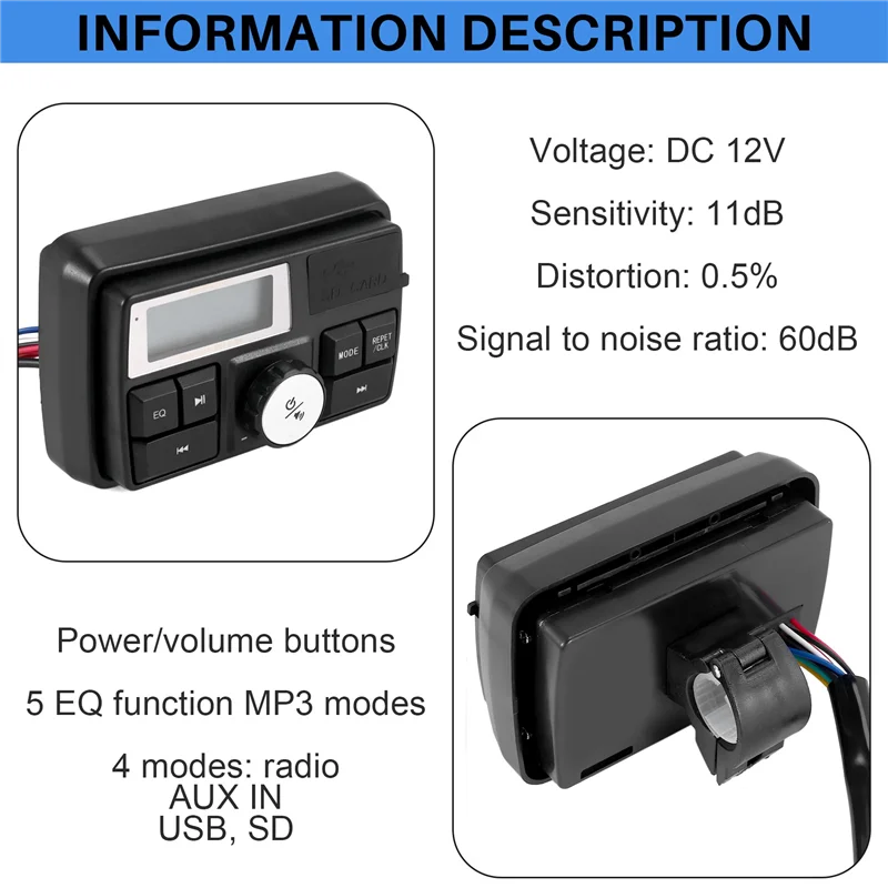 

AA-Motorcycle Audio MP3 Radio Sound System Stereo Speakers Bluetooth Waterproof FM 5 EQ Functions LCD Display USB/SD/TF
