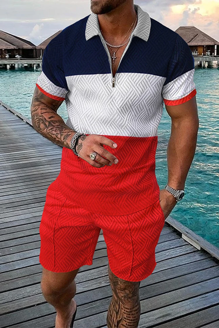 Spring and Summer Men's Suit Polyester Jacquard Craft  Casual  Fashion Red Polo Shirt   Zipper Two Piece Set