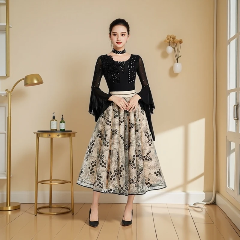 

Modern Dance Dress Skirt Ballroom Dance Dress Set Slim Breathable Waltz Sorority Dance Tango National Standard Clothing Costomes