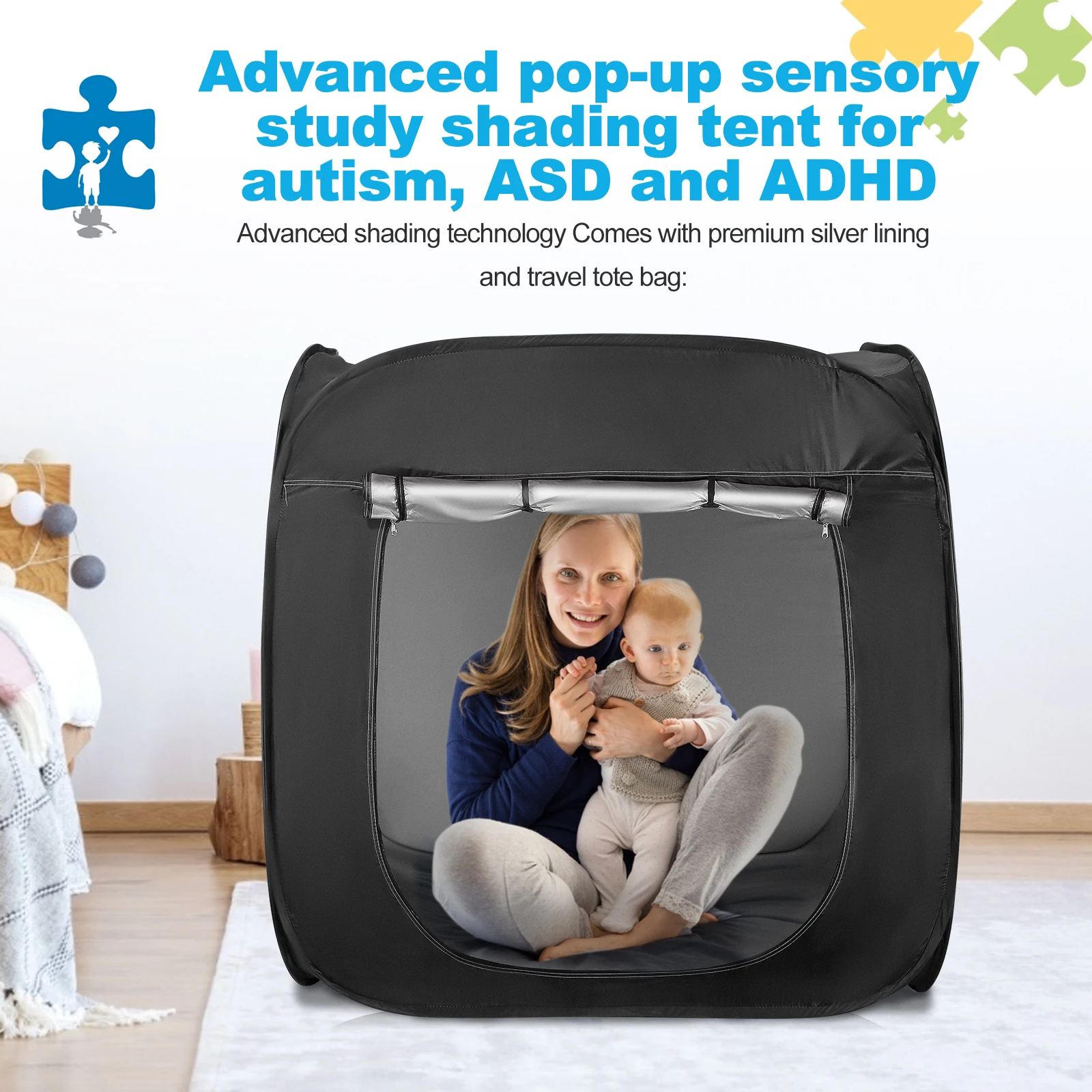Sensory Tent for Kids 117x115cm, Pop-up Sensory Blackout Play Tent for for Children with Autism, ASD & ADHD with Advanced Silver Inner Lining with Carry Bag, DE Stock