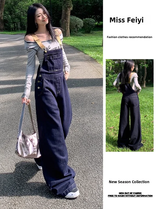 

Loose Men's Denim Overalls Hong Kong Sle Spring Autumn New Faion Straight Leg Couple's Wide Leg Jumpsuit Pants