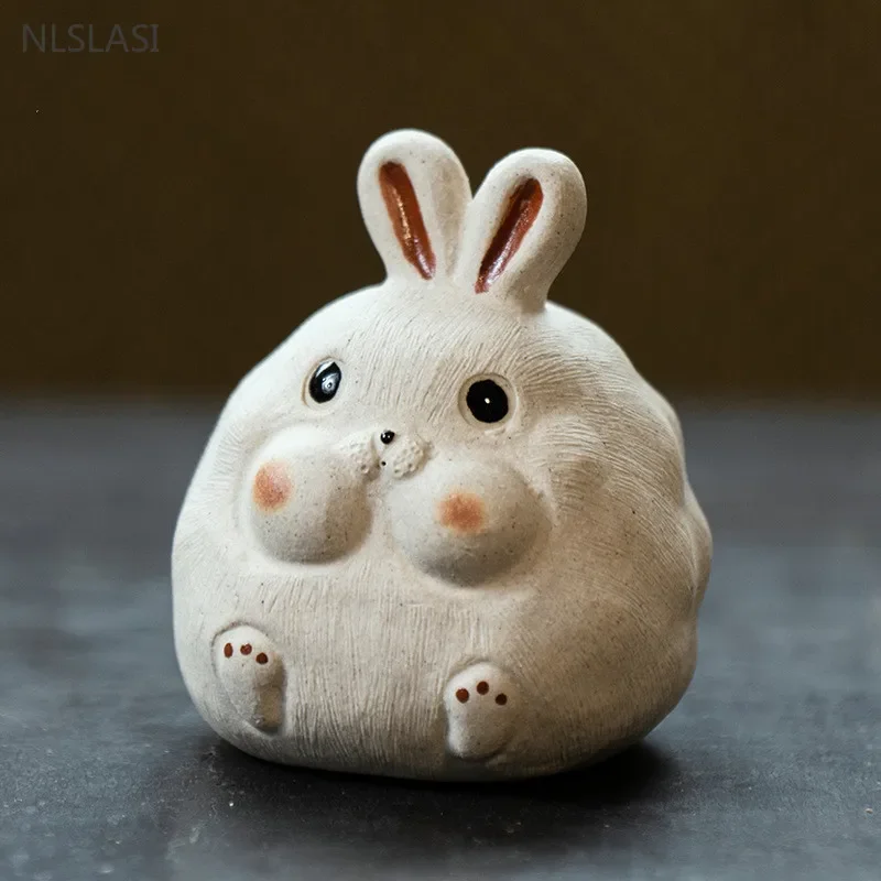 Retro Purple Clay Tea Pet Chinese Zodiac Rabbit Statue Animal Tea Figurine Ornaments Desktop Crafts Tea Set Accessories