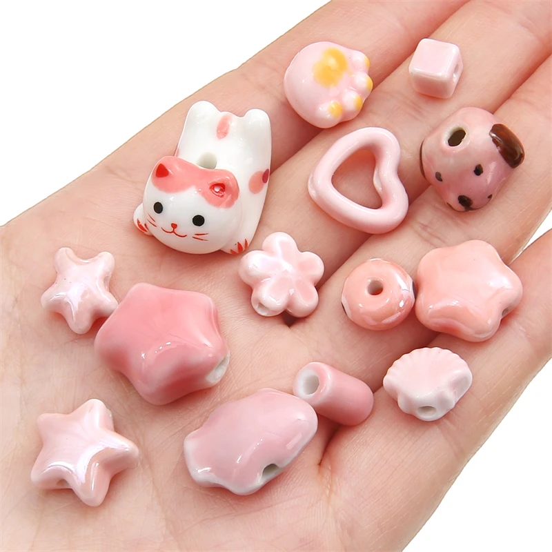 Handmade Pink Color Ceramic Beads Porcelain Heart Star Shell Flower Fish Beads for Necklace Bracelet DIY Jewelry Craft Making