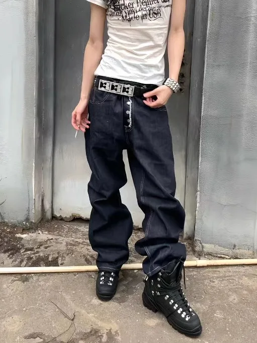 

Retro American Vibe Men's Straight Leg Loose Fit Denim Jeans Multiple Buttons Original Mixture Distred A-Line Long Trousers