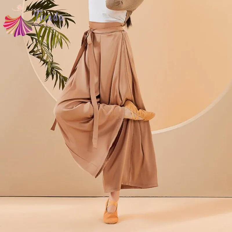 Chinese Skirt Pant Practice Dancing Clothes for Women Chiffon Wide Leg Culotte Flowy Belt Modern Folk National Dancer Costume