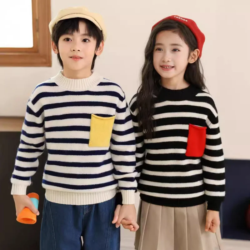 Seven-Pin Thickened Wool Boys and Girls Same Style Contrast Color Pockets Striped Pullover New Autumn and Winter Sweate